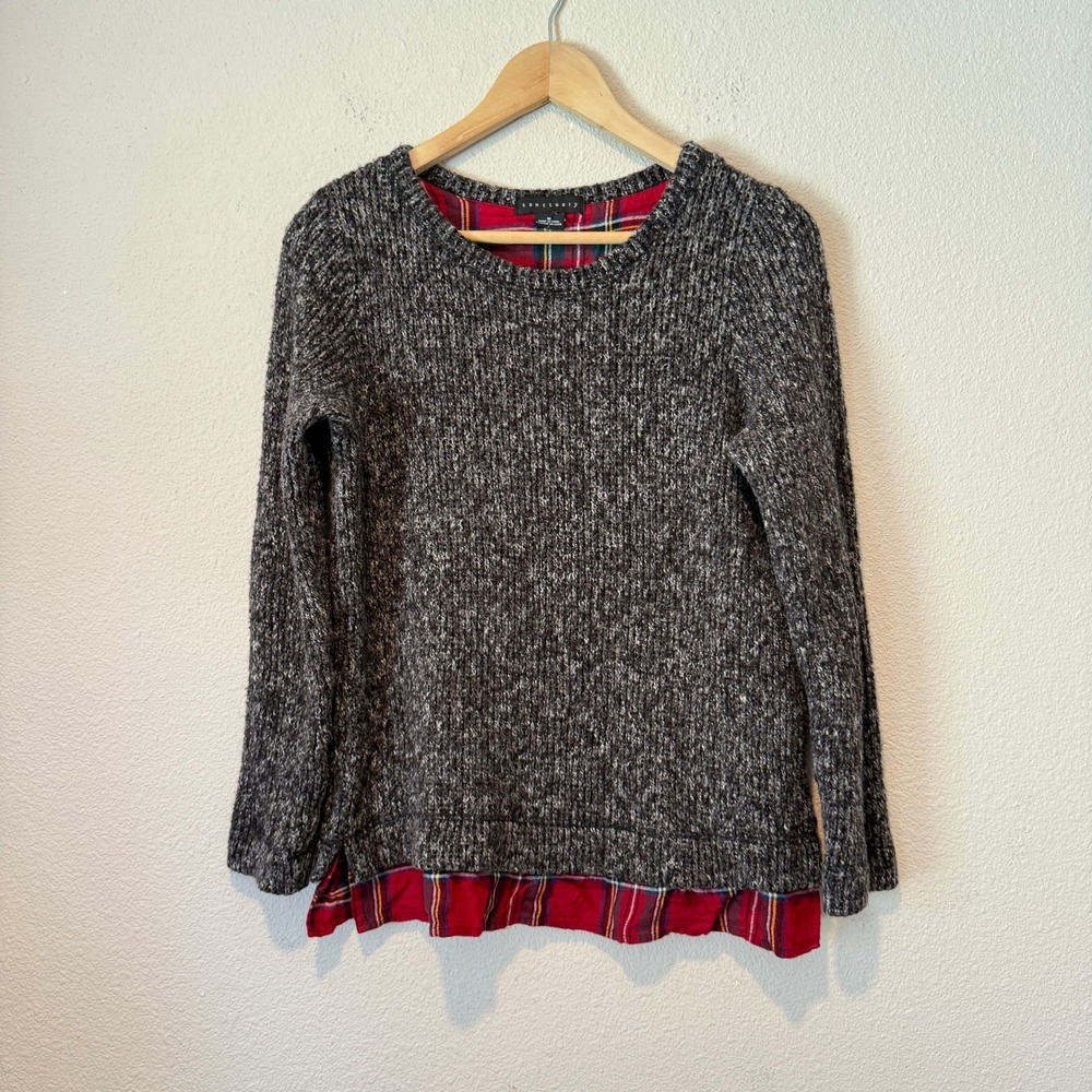 Sanctuary Womens Marled Knit Layered Plaid Hem Sweater Grey Red XT9053ZRF394R M